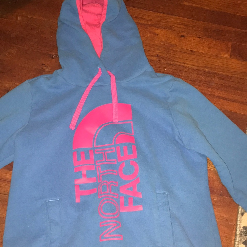 Blue and pink North Face hoodie